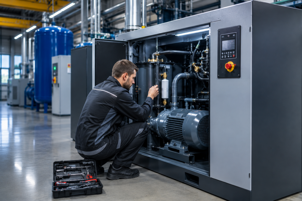 technicien effectuant un dépannage compresseur d'air toutes marques